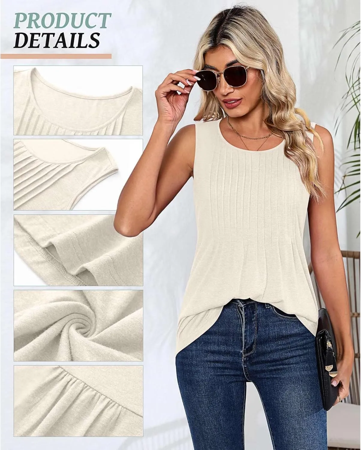 2025 Women's Summer Tank Tops Dressy Casual Sleeveless Holiday Shirts Loose Fit Pleated Front Plus Size Tunic Blouses