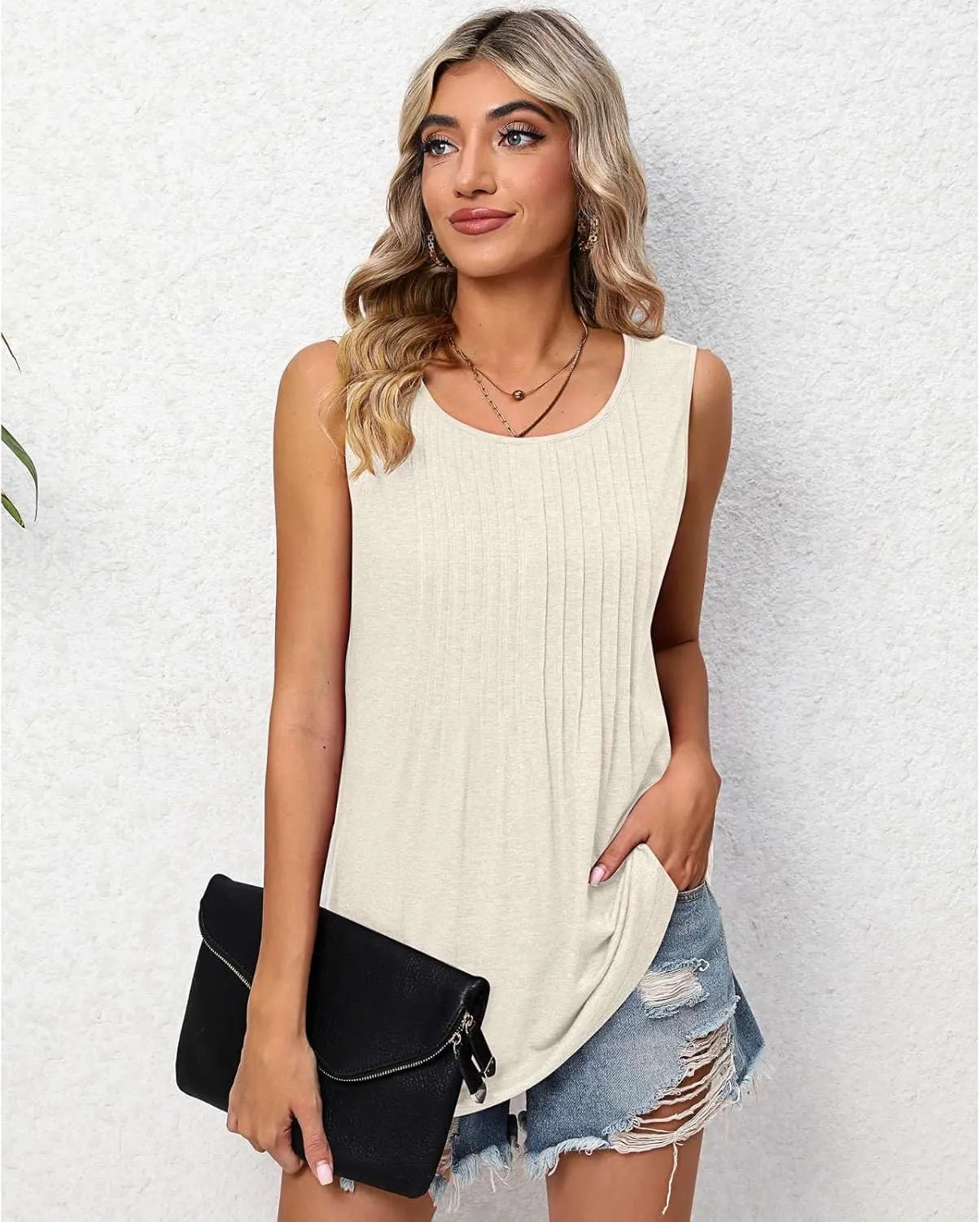 2025 Women's Summer Tank Tops Dressy Casual Sleeveless Holiday Shirts Loose Fit Pleated Front Plus Size Tunic Blouses