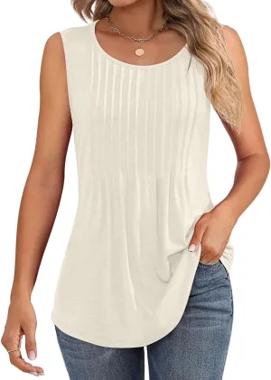2025 Women's Summer Tank Tops Dressy Casual Sleeveless Holiday Shirts Loose Fit Pleated Front Plus Size Tunic Blouses
