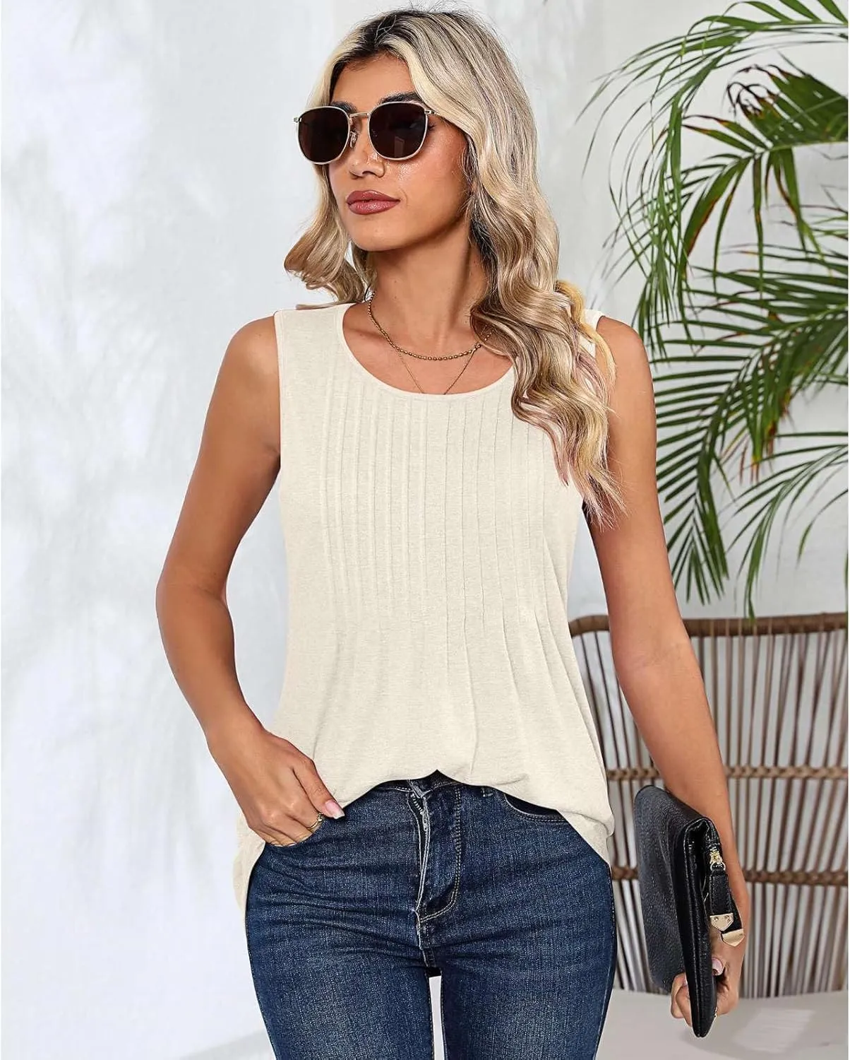 2025 Women's Summer Tank Tops Dressy Casual Sleeveless Holiday Shirts Loose Fit Pleated Front Plus Size Tunic Blouses