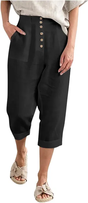 Capri Linen Pants for Women Petite Wide Leg Linen Pants Casual Loose Fit High Waisted Pants with Drawstrings