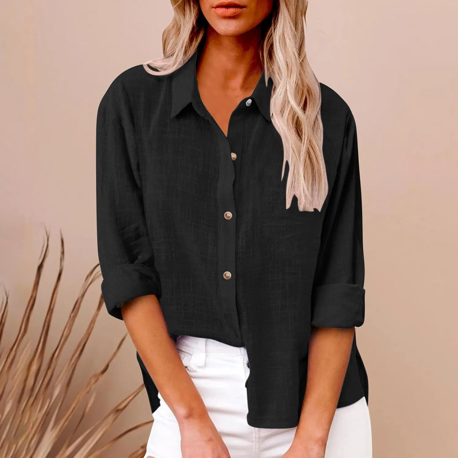 Cotton Linen Shirts for Women 2025 Spring Casual Long Sleeve Tops Button Down Lapel Blouses Summer Loose Work Tshirt
