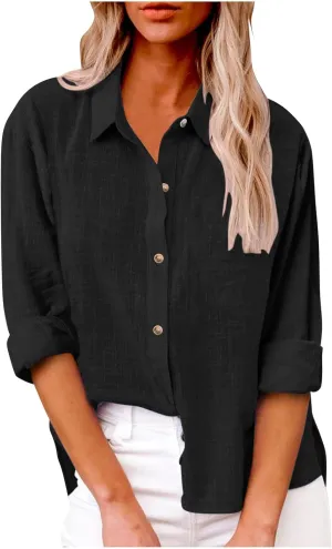 Cotton Linen Shirts for Women 2025 Spring Casual Long Sleeve Tops Button Down Lapel Blouses Summer Loose Work Tshirt