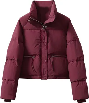 Cropped Puffer Down Jackets Women Lightweight Quilted Jackets Long Sleeve Zip Up Warm Coats Outwear Outdoor
