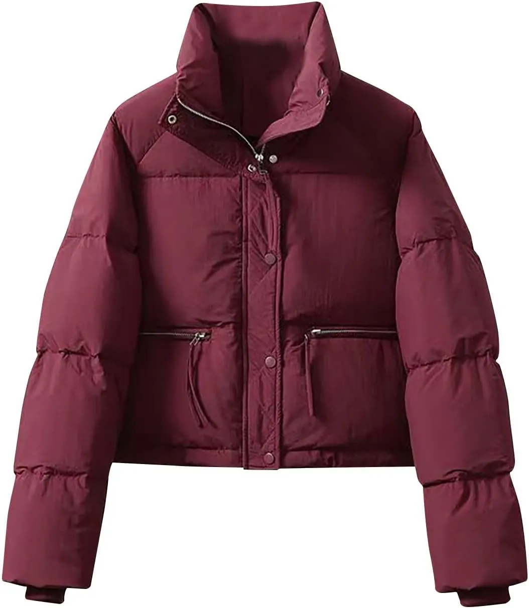 Cropped Puffer Down Jackets Women Lightweight Quilted Jackets Long Sleeve Zip Up Warm Coats Outwear Outdoor