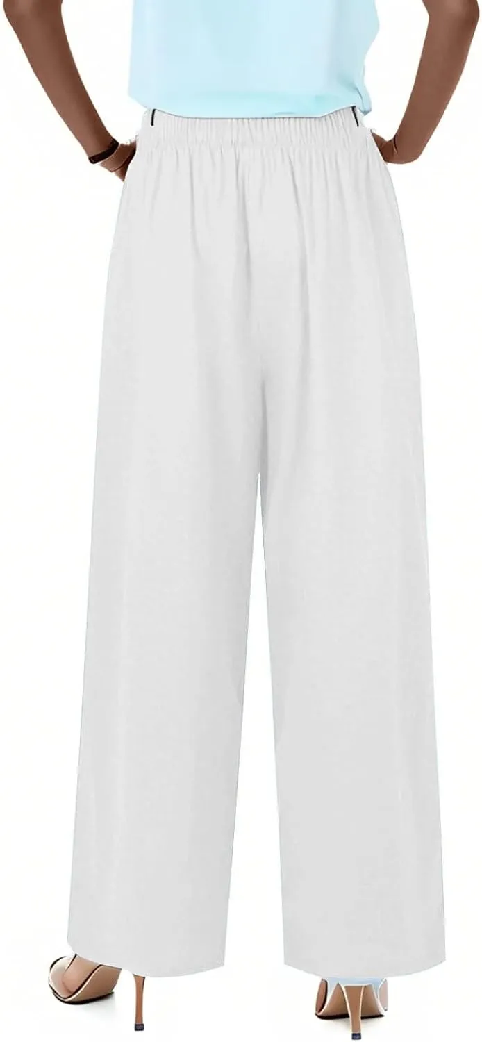 fanmpghleoo Wide Leg Linen Pants for Women Drawstring High Waisted Linen Palazzo Pants Flowy Comfy Lounge Pant with Pockets