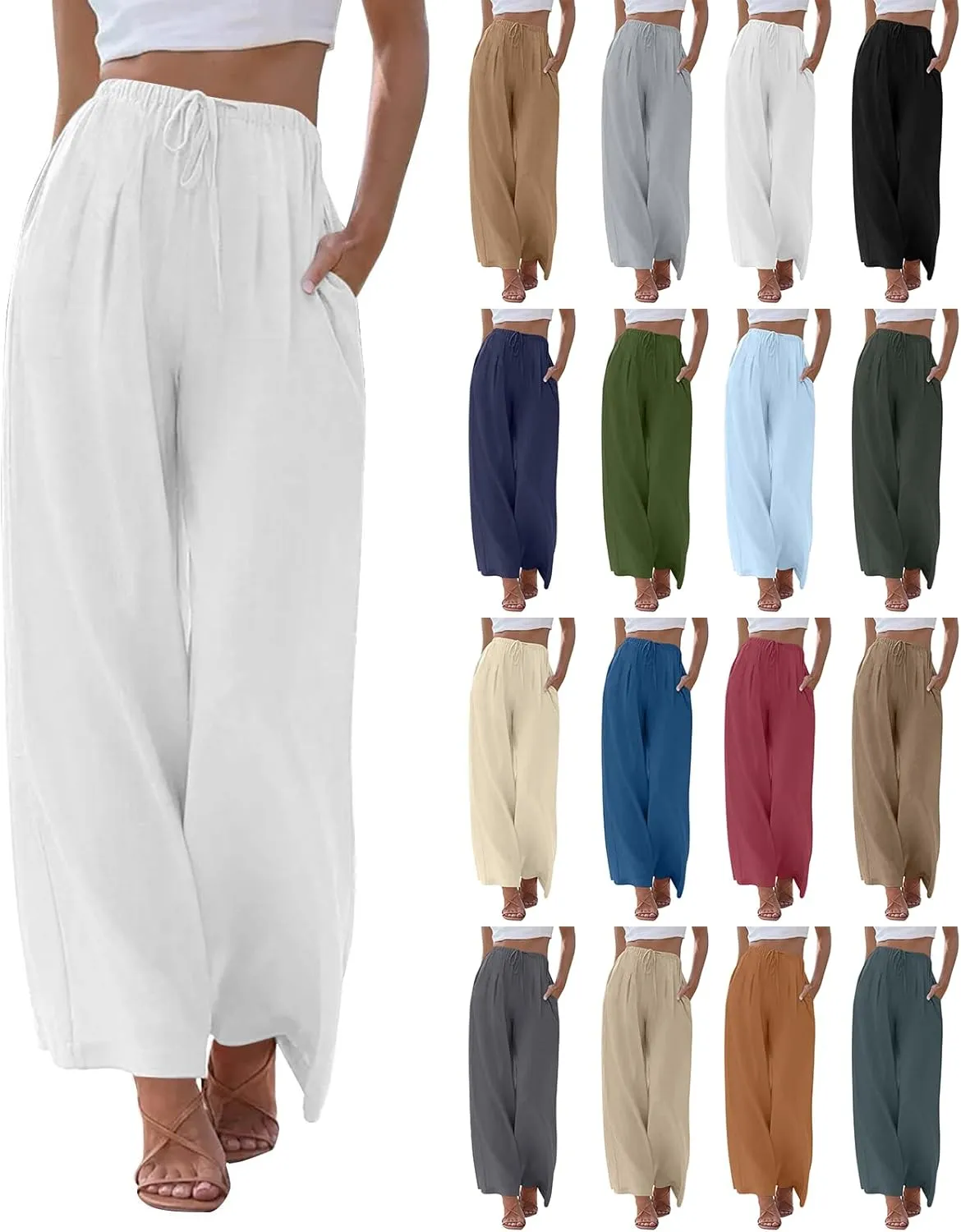 fanmpghleoo Wide Leg Linen Pants for Women Drawstring High Waisted Linen Palazzo Pants Flowy Comfy Lounge Pant with Pockets