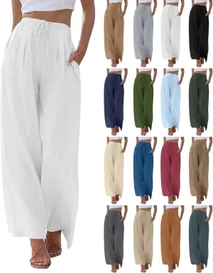 fanmpghleoo Wide Leg Linen Pants for Women Drawstring High Waisted Linen Palazzo Pants Flowy Comfy Lounge Pant with Pockets