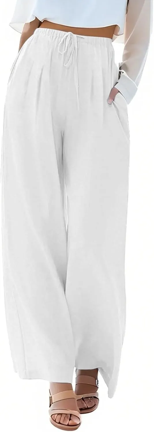 fanmpghleoo Wide Leg Linen Pants for Women Drawstring High Waisted Linen Palazzo Pants Flowy Comfy Lounge Pant with Pockets