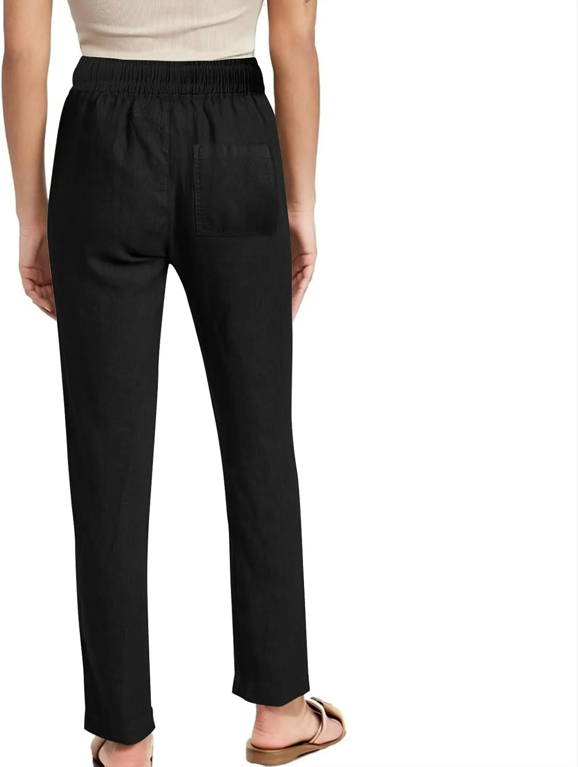 Linen Pants for Women Summer Straight Leg Pants High Waisted Drawstring Trousers Comfy Soft Lounge Pants with Pockets