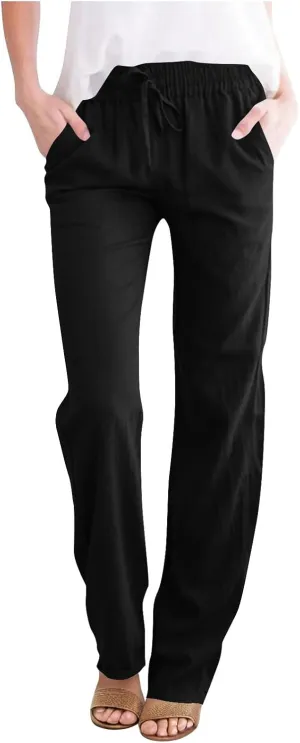 Linen Pants for Women Summer Straight Leg Pants High Waisted Drawstring Trousers Comfy Soft Lounge Pants with Pockets