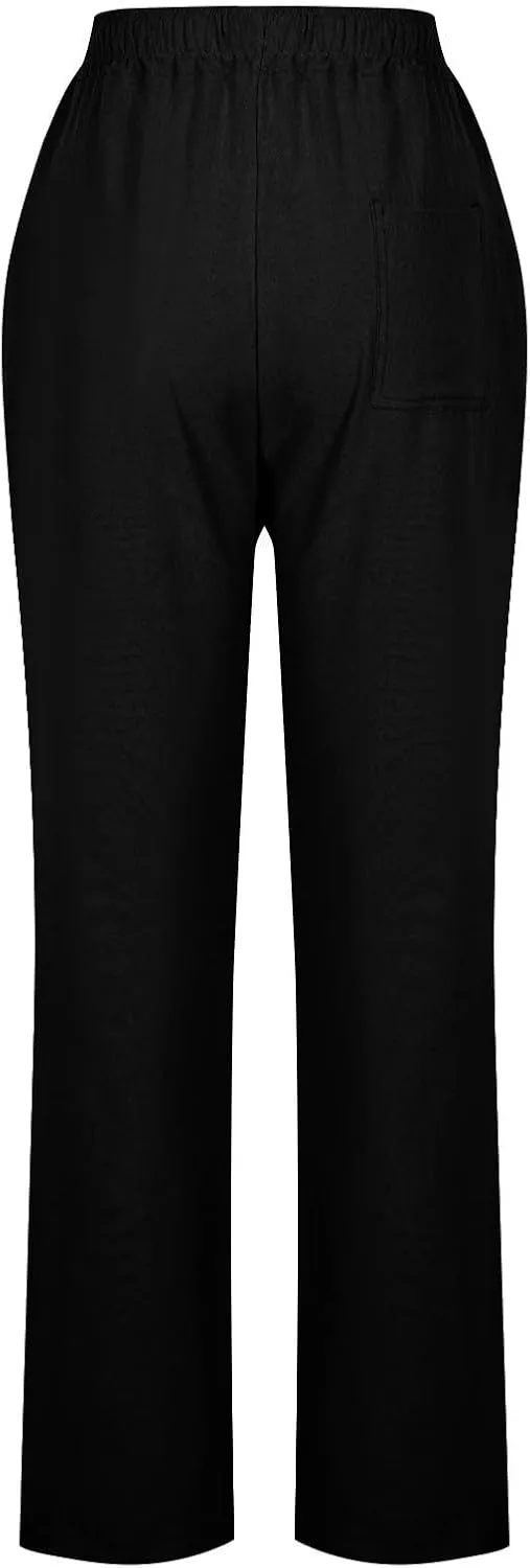 Linen Pants for Women Summer Straight Leg Pants High Waisted Drawstring Trousers Comfy Soft Lounge Pants with Pockets
