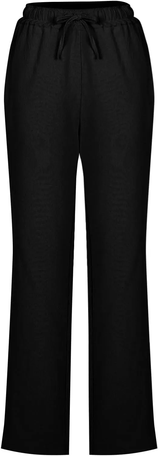 Linen Pants for Women Summer Straight Leg Pants High Waisted Drawstring Trousers Comfy Soft Lounge Pants with Pockets