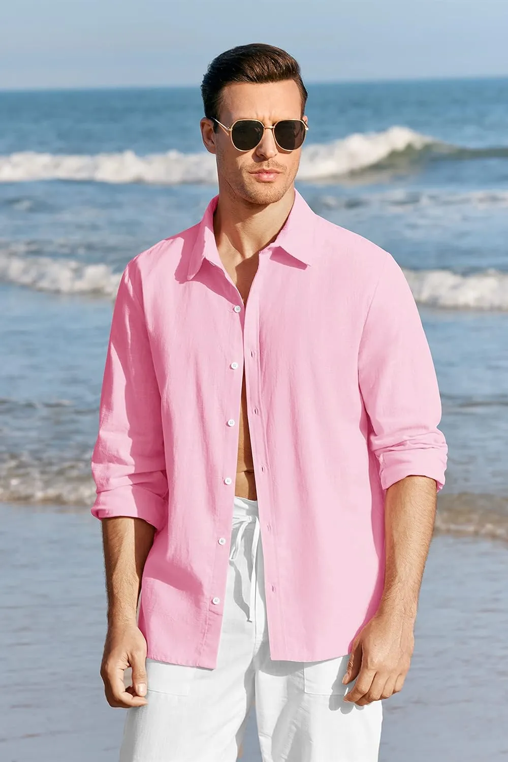 Mens Button Up Shirts Long Sleeve Linen Beach Casual Cotton Summer Lightweight Tops