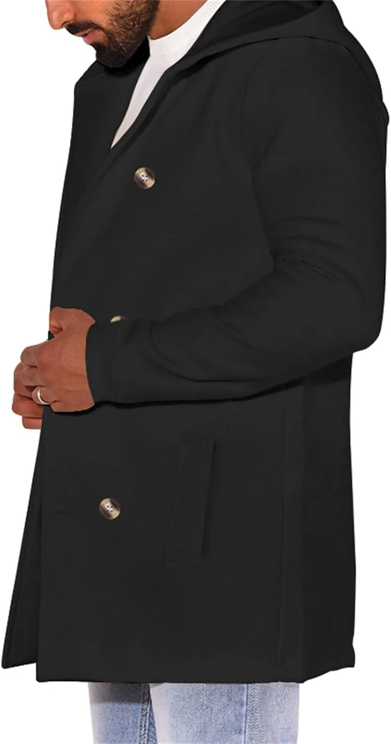 Men's Double Breasted Trench Coat Winter Warm Solid Color Pockets Hooded Coat Men'S Men's Double Breasted Trench