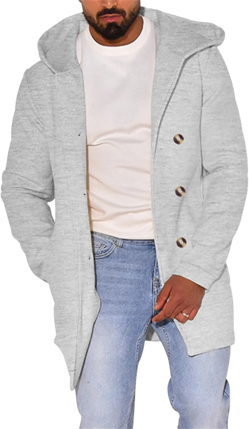 Men's Double Breasted Trench Coat Winter Warm Solid Color Pockets Hooded Coat Men'S Men's Double Breasted Trench