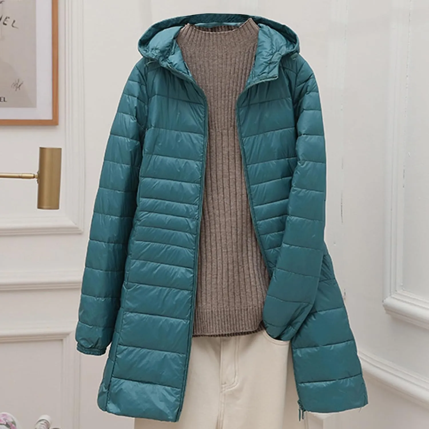 Puffer Jackets Women Lightweight Full Zipper Quilted Jacket Long Sleeve down Jackets Winter Outerwear with Hood