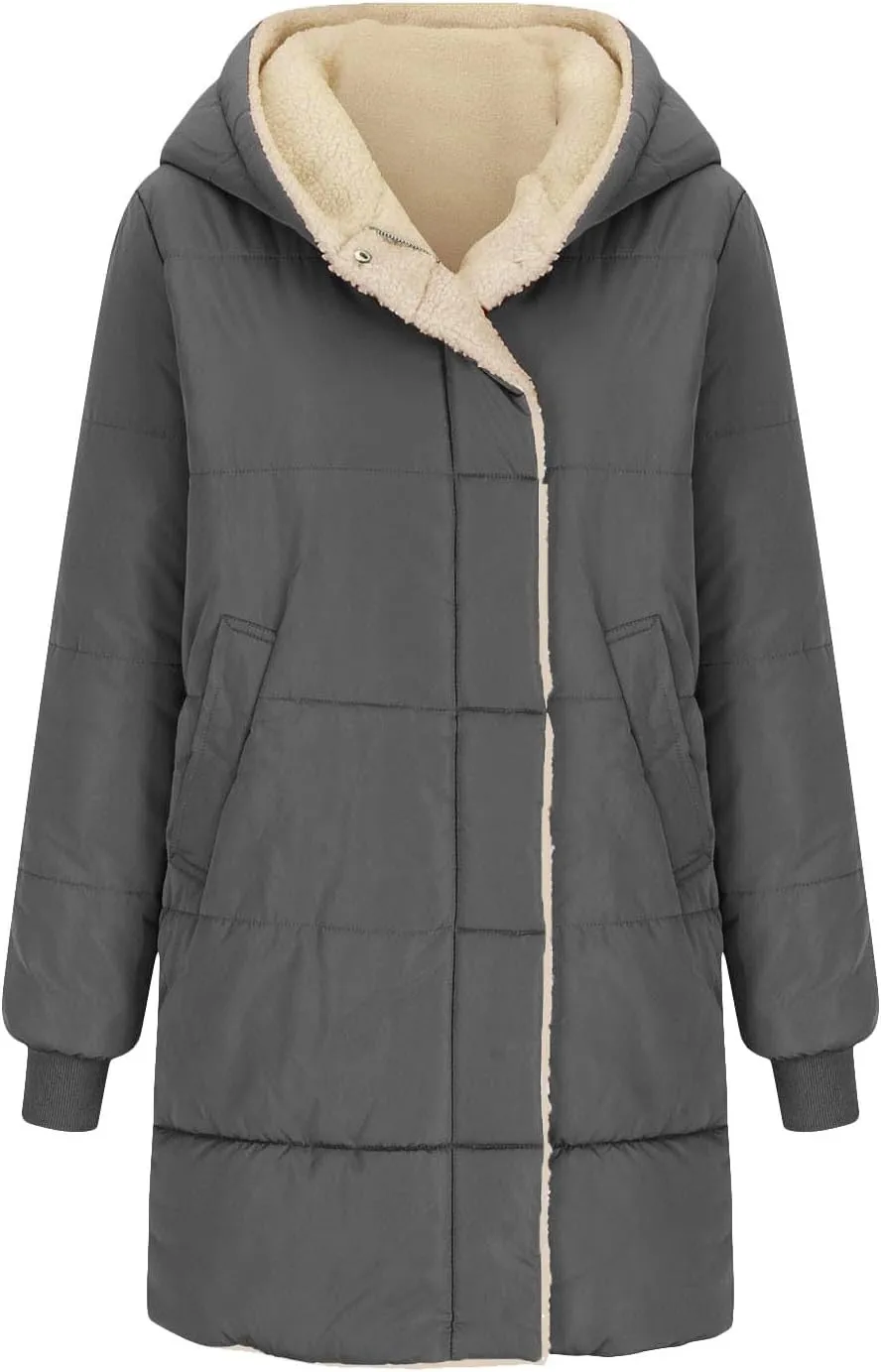 Sherpa Lined Jacket Women Long Hooded Warm Winter Coats Thick Padded Full Zip Up Button Down Puffer Coat with Pockets