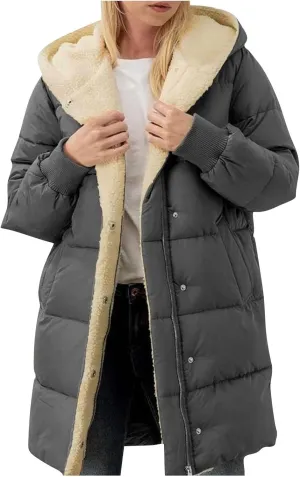 Sherpa Lined Jacket Women Long Hooded Warm Winter Coats Thick Padded Full Zip Up Button Down Puffer Coat with Pockets