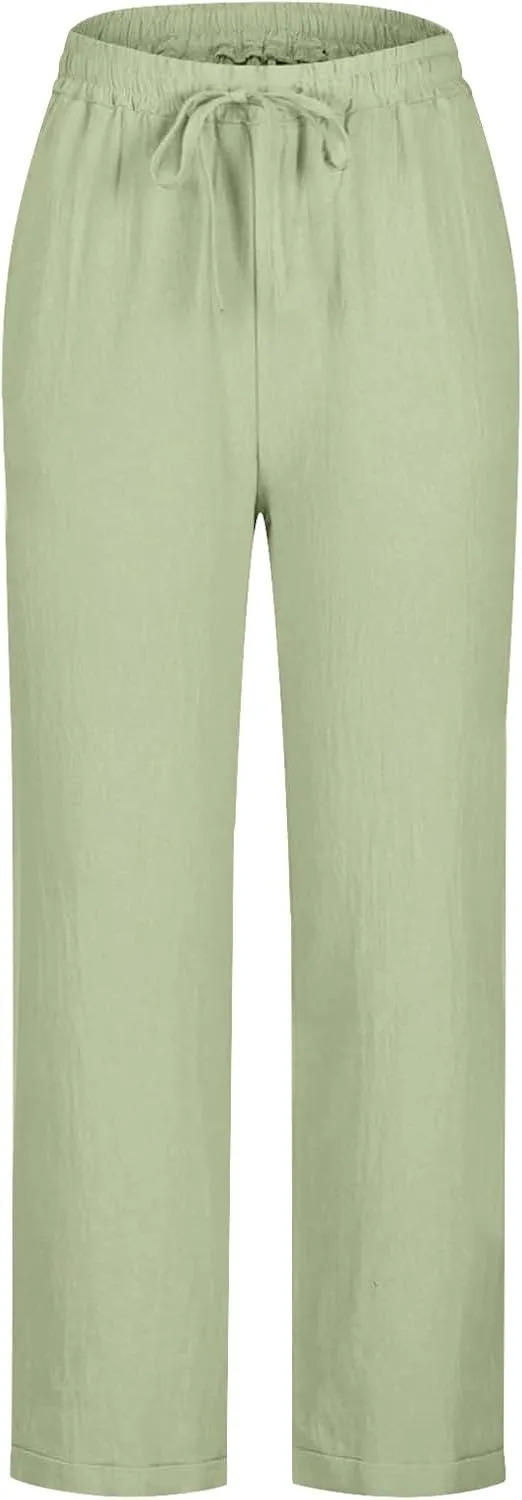 Summer Cotton Linen Pants for Women Boho Casual Loose Plus Size High Waist Lounge Trousers Straight Leg Beach Outfits