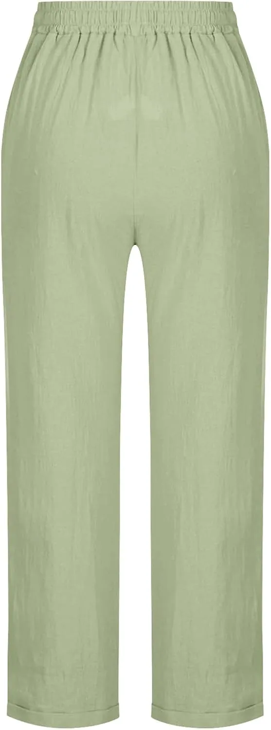 Summer Cotton Linen Pants for Women Boho Casual Loose Plus Size High Waist Lounge Trousers Straight Leg Beach Outfits