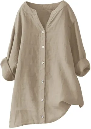Summer Linen Tops for Women 2024 Vacation Trendy V Neck Long Sleeve Shirts Casual Button Up Tunic Clothes