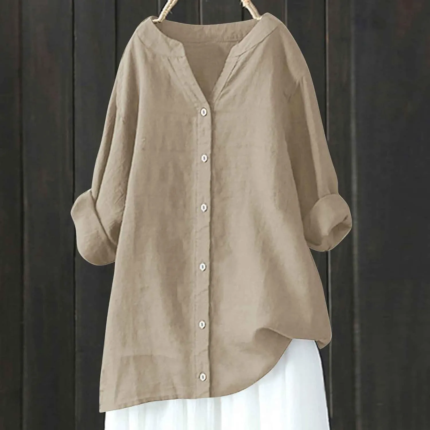 Summer Linen Tops for Women 2024 Vacation Trendy V Neck Long Sleeve Shirts Casual Button Up Tunic Clothes