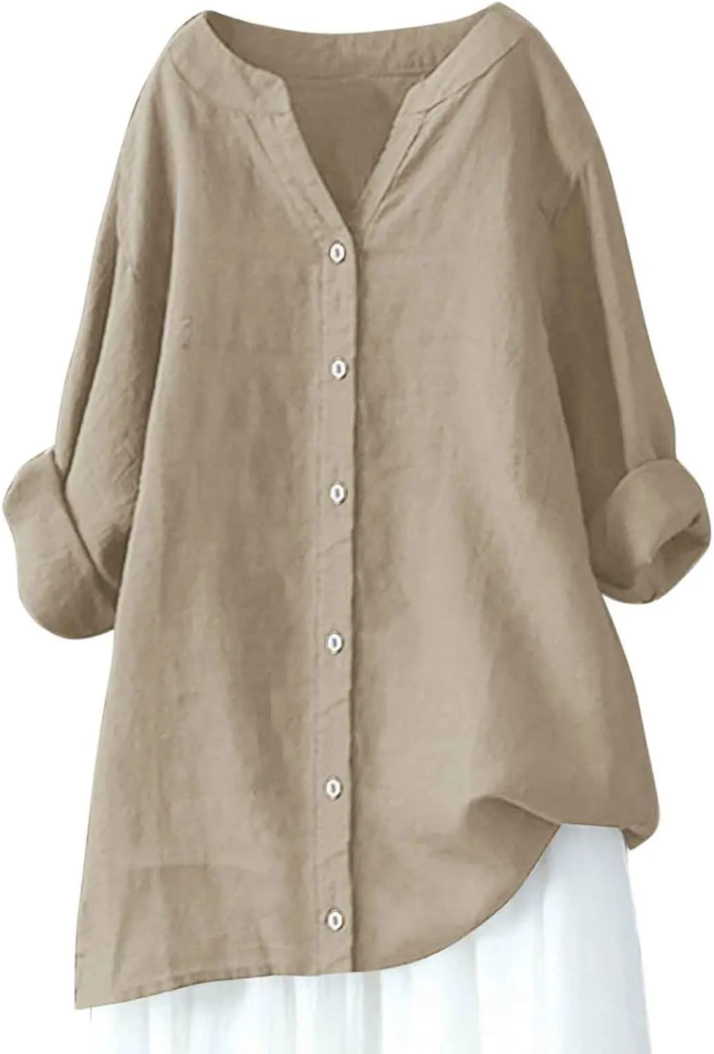 Summer Linen Tops for Women 2024 Vacation Trendy V Neck Long Sleeve Shirts Casual Button Up Tunic Clothes