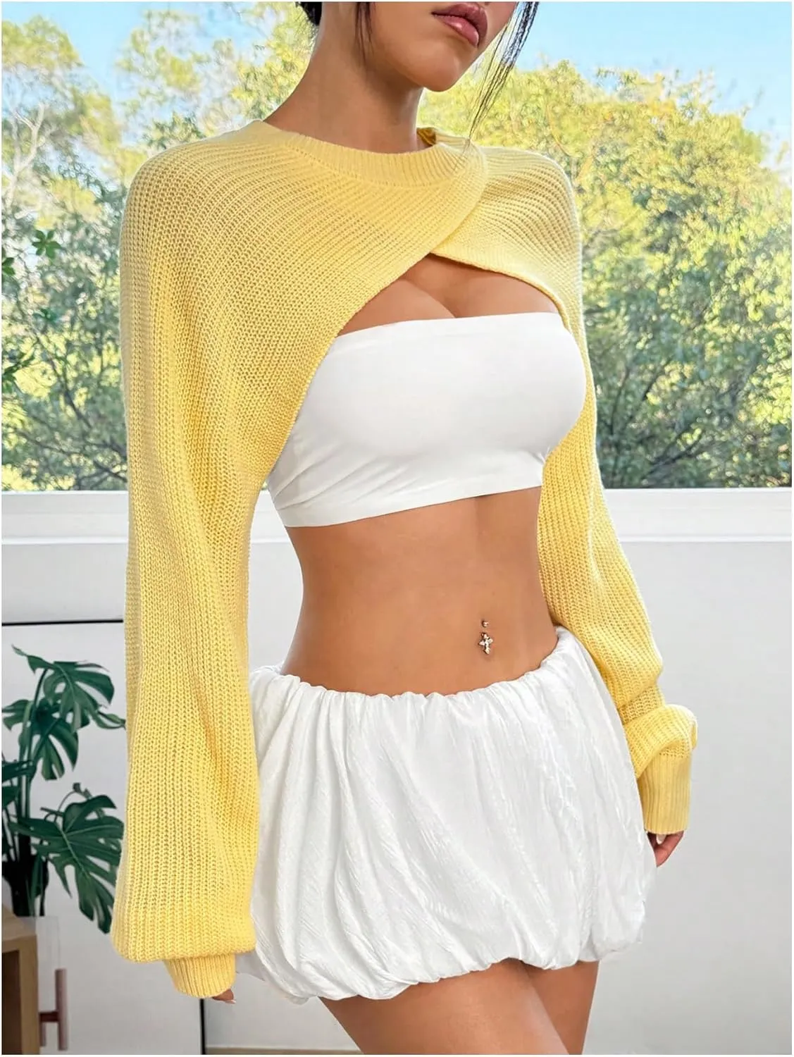 SweatyRocks Women's Cropped Sweater Wrap Crewneck Long Sleeve Knit Pullover Tops