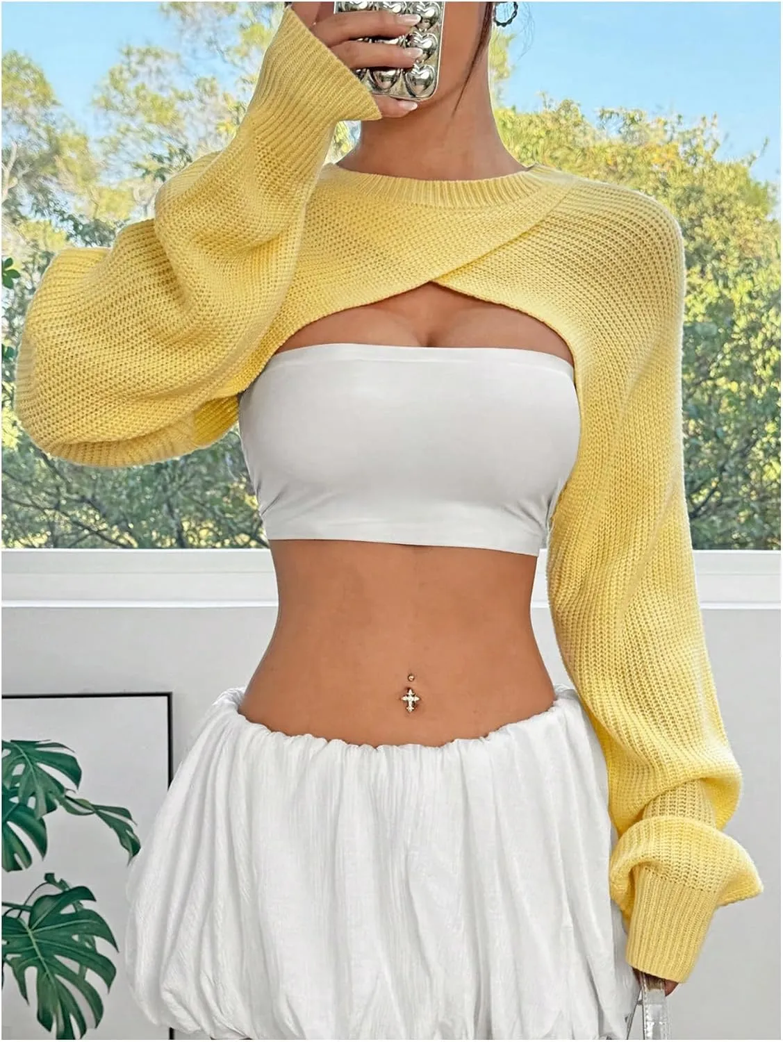 SweatyRocks Women's Cropped Sweater Wrap Crewneck Long Sleeve Knit Pullover Tops