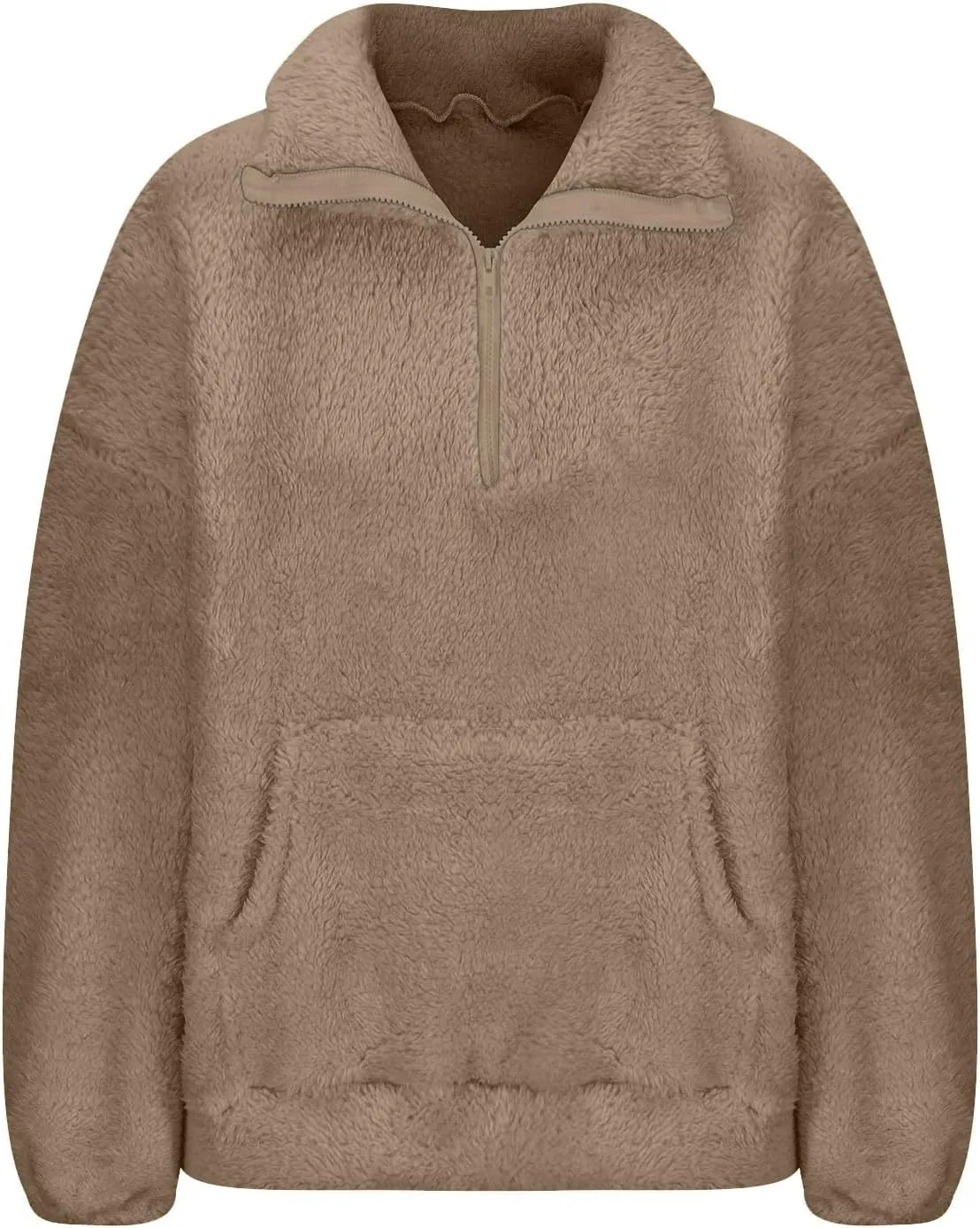 Uillui Womens Casual Sherpa Jacket Half Zip Fleece Pullover Oversized Cropped Sweatshirt Pockets Loose Fluffy Fuzzy Sweater