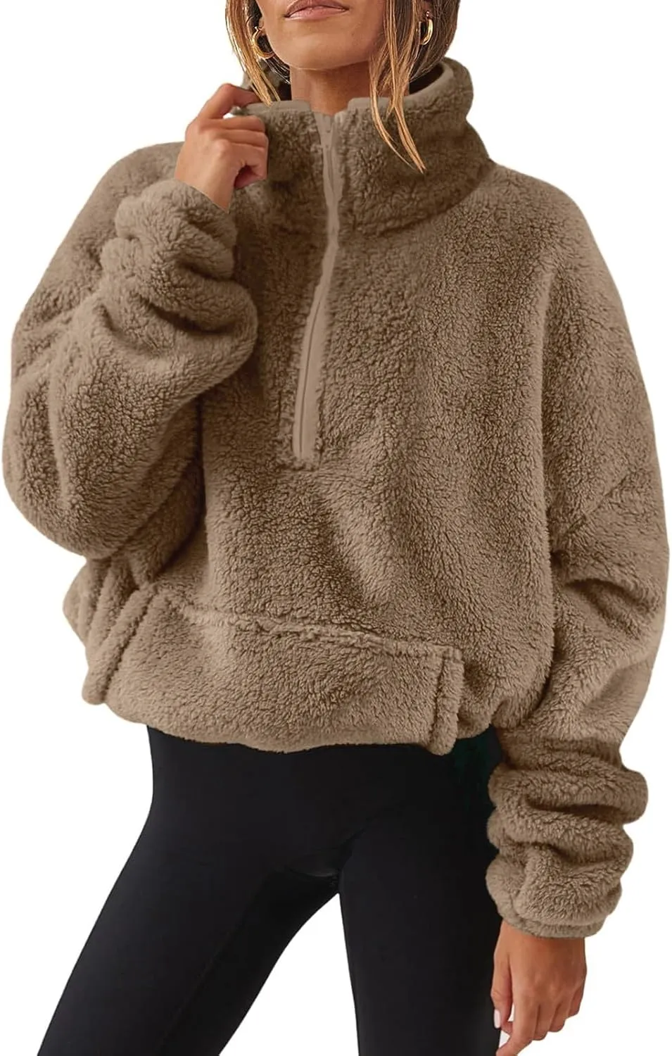 Uillui Womens Casual Sherpa Jacket Half Zip Fleece Pullover Oversized Cropped Sweatshirt Pockets Loose Fluffy Fuzzy Sweater