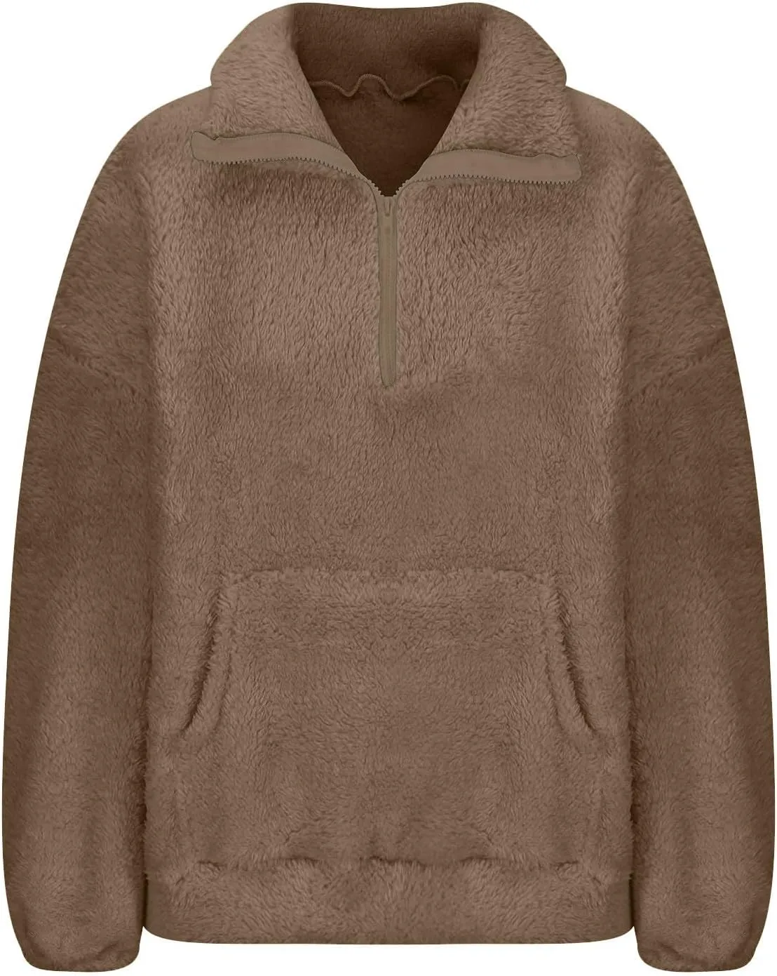Uillui Womens Casual Sherpa Jacket Half Zip Fleece Pullover Oversized Cropped Sweatshirt Pockets Loose Fluffy Fuzzy Sweater