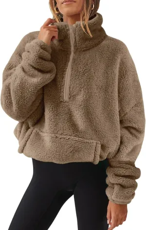 Uillui Womens Casual Sherpa Jacket Half Zip Fleece Pullover Oversized Cropped Sweatshirt Pockets Loose Fluffy Fuzzy Sweater