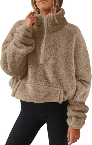 Uillui Womens Casual Sherpa Jacket Half Zip Fleece Pullover Oversized Cropped Sweatshirt Pockets Loose Fluffy Fuzzy Sweater