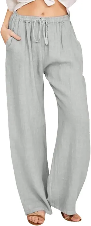 Wide Leg Linen Pants Women Loose Fit High Waist Summer Cotton Linen Pant with Pocket Drawstring Casual Lounge Trousers