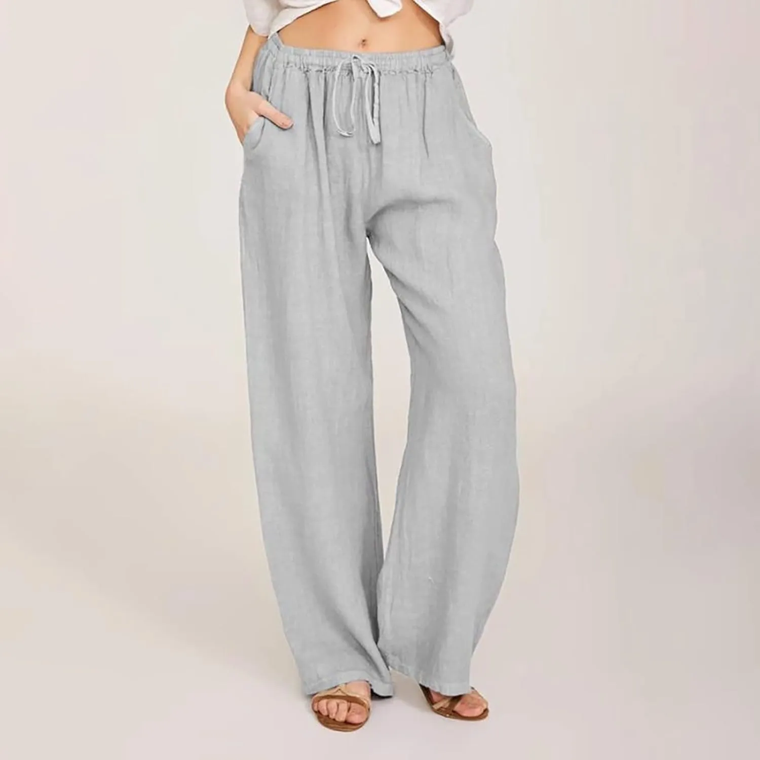 Wide Leg Linen Pants Women Loose Fit High Waist Summer Cotton Linen Pant with Pocket Drawstring Casual Lounge Trousers