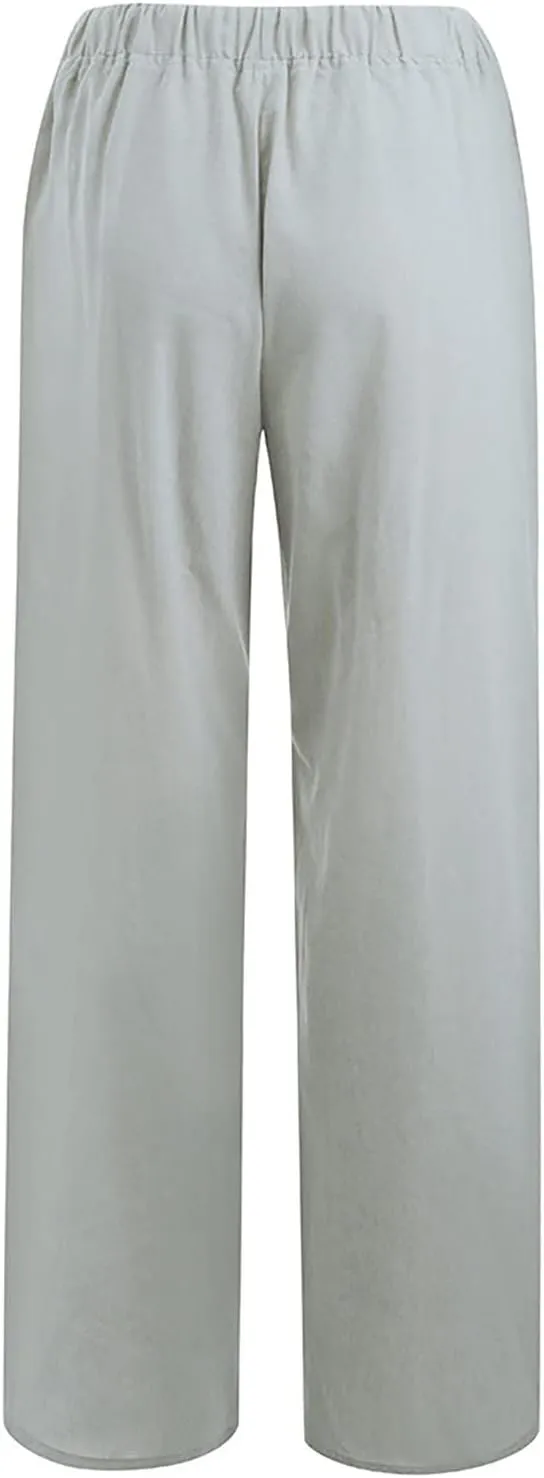Wide Leg Linen Pants Women Loose Fit High Waist Summer Cotton Linen Pant with Pocket Drawstring Casual Lounge Trousers