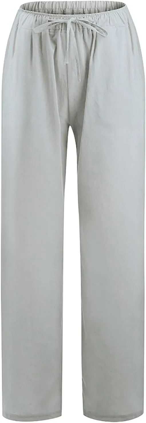 Wide Leg Linen Pants Women Loose Fit High Waist Summer Cotton Linen Pant with Pocket Drawstring Casual Lounge Trousers