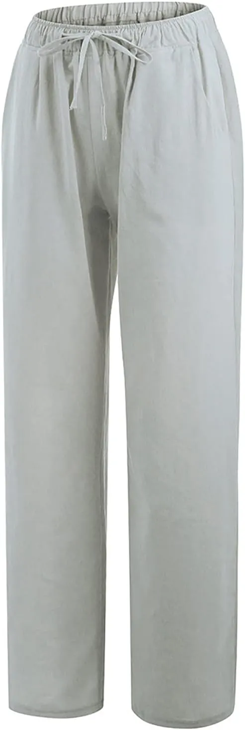 Wide Leg Linen Pants Women Loose Fit High Waist Summer Cotton Linen Pant with Pocket Drawstring Casual Lounge Trousers