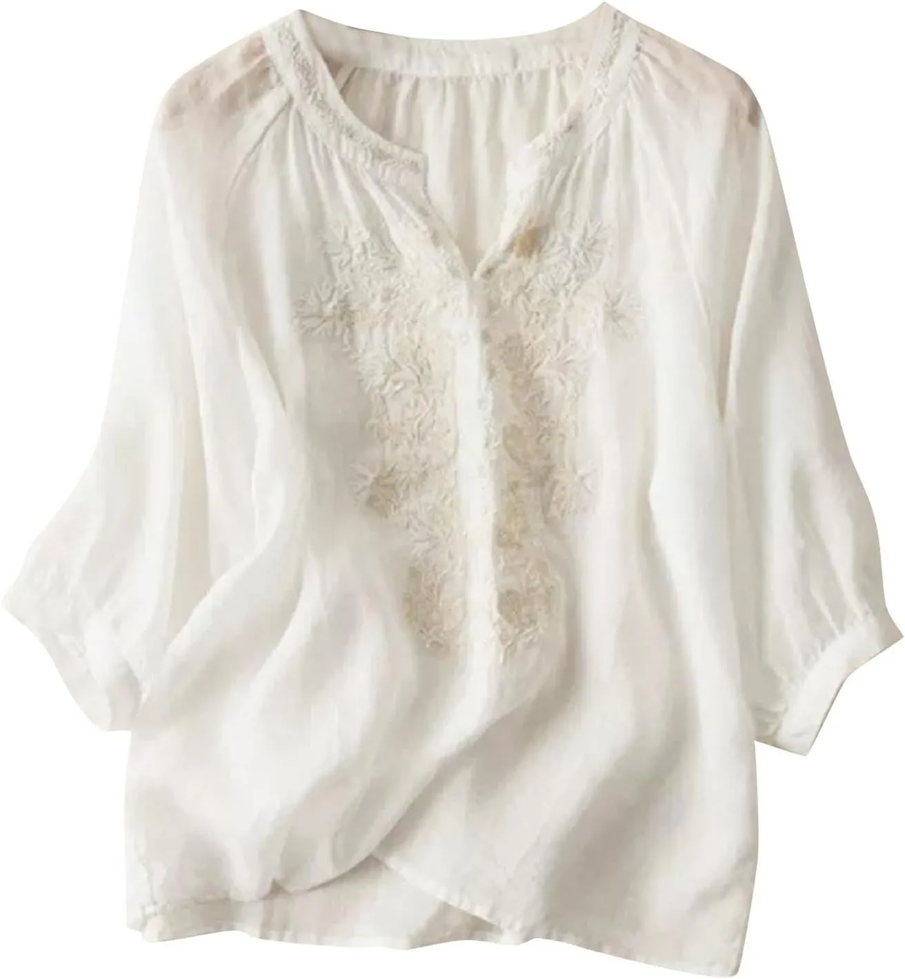 Women Linen Button Down Shirt Half Short Sleeve Tops Ladies Summer Casual V Neck Beach Cotton Blouses