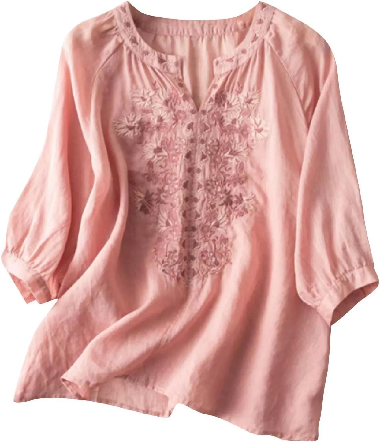 Women Linen Button Down Shirt Half Short Sleeve Tops Ladies Summer Casual V Neck Beach Cotton Blouses