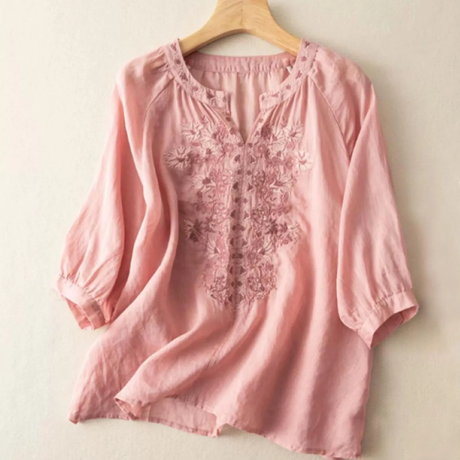 Women Linen Button Down Shirt Half Short Sleeve Tops Ladies Summer Casual V Neck Beach Cotton Blouses