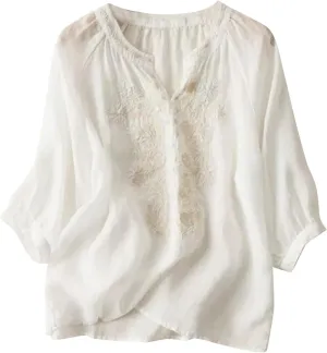 Women Linen Button Down Shirt Half Short Sleeve Tops Ladies Summer Casual V Neck Beach Cotton Blouses