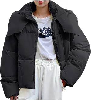 Women Winter Coat Cropped Puffer Jacket Long Sleeve Baggy Padded Down Coats Warm Thickened Quilted Jacket Short Parka