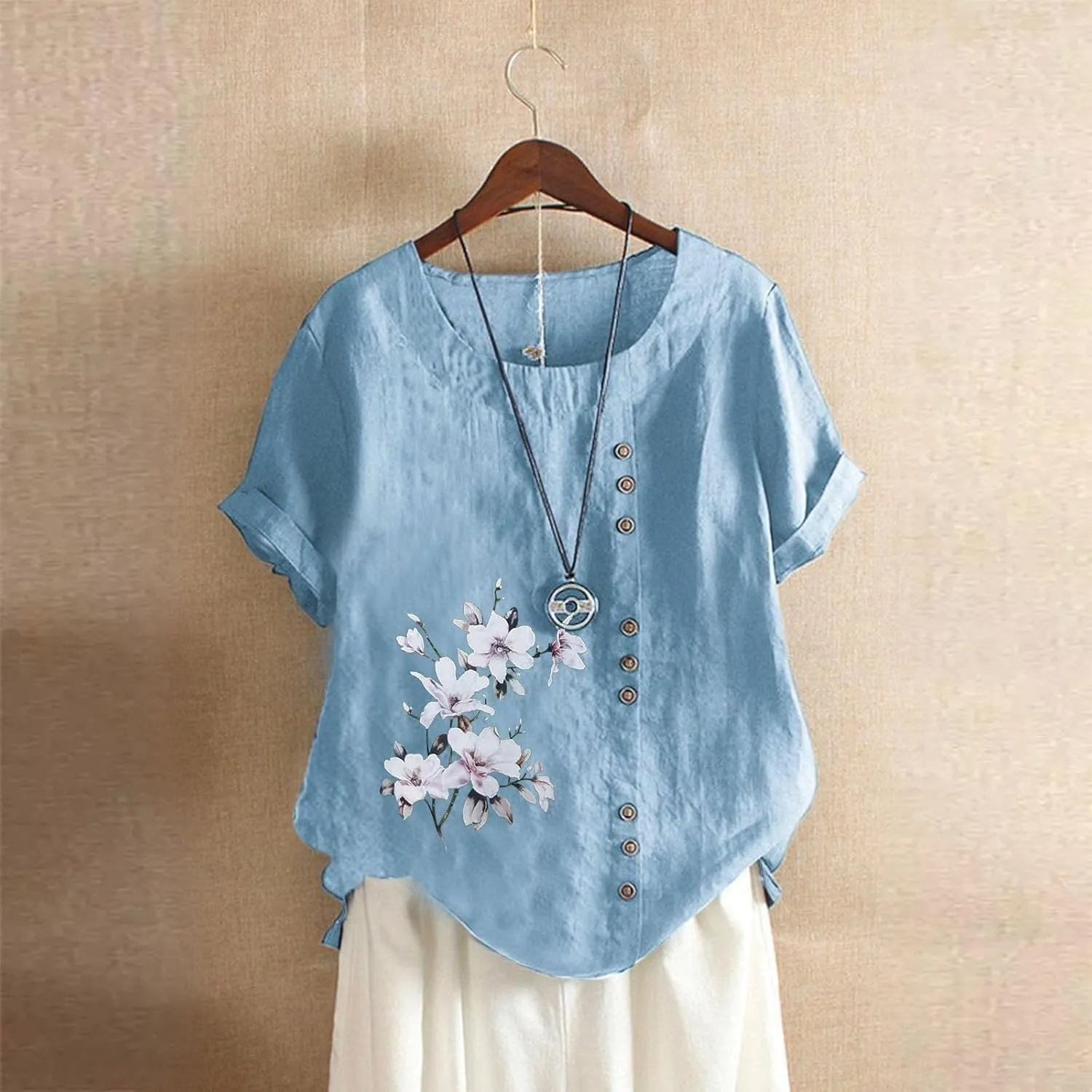 Womens Cotton Linen Shirts Blouses Casual Spring Summer Loose Scoop Neck Button Up Short Sleeve Dandelion Tunic Tops