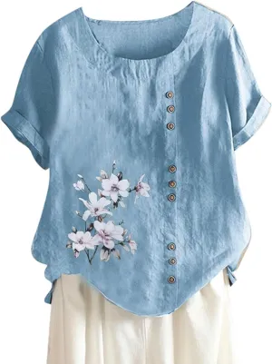 Womens Cotton Linen Shirts Blouses Casual Spring Summer Loose Scoop Neck Button Up Short Sleeve Dandelion Tunic Tops