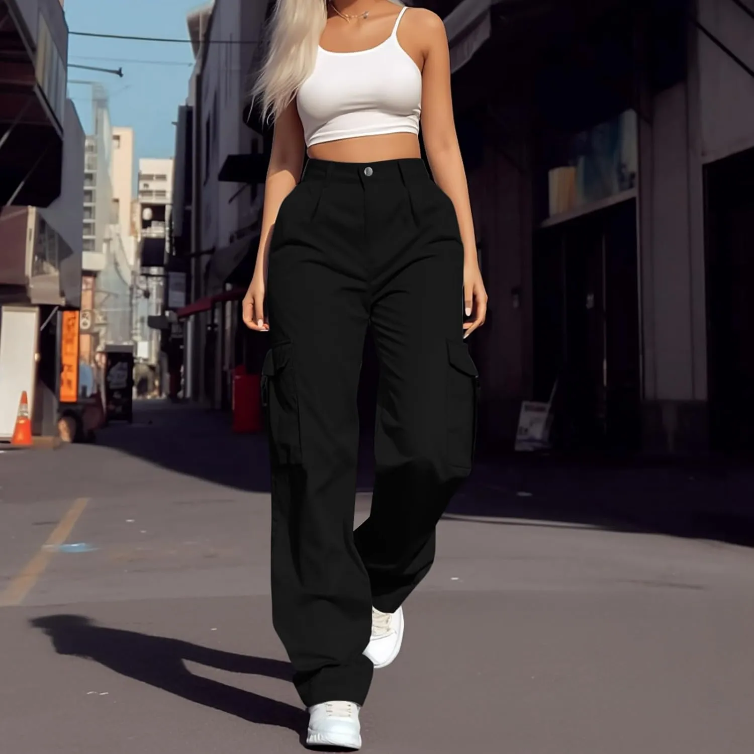 Women's Hiking Wide Leg Cargo Pants Lightweight Quick Dry Outdoor Buttons High Waisted Workout Pants with Pockets