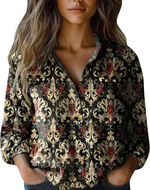 Womens Linen Button Down Shirts Retro Floral Printed V Neck Long Sleeve Blouse Collared Boho Casual Tops with Pocket