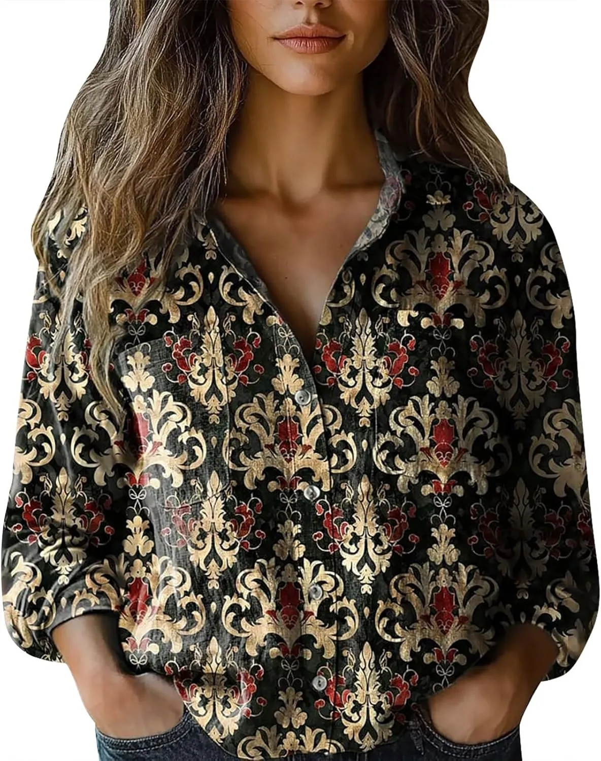 Womens Linen Button Down Shirts Retro Floral Printed V Neck Long Sleeve Blouse Collared Boho Casual Tops with Pocket